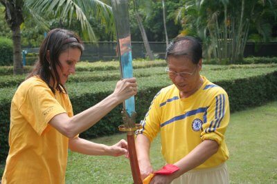 Famous baguazhang master Pan Xuezhi and Zulfiya Khazheyeva. 2014 Shenzhen. China.